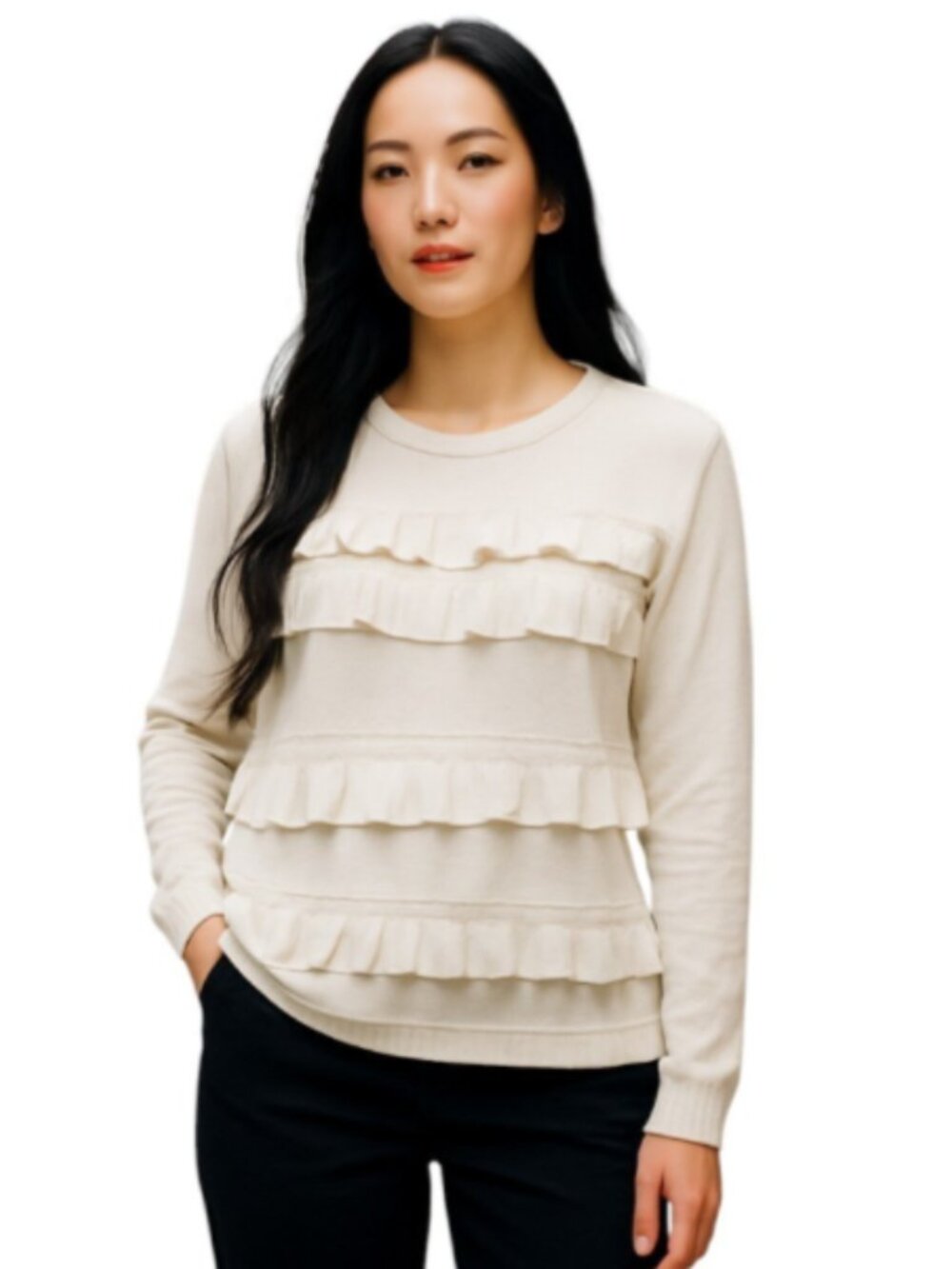 Authentic DVF Small Petite White Sweater Merino Wool Viscose Tiered Ruffles
